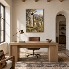 The Good Shepherd oil painting displayed in a study