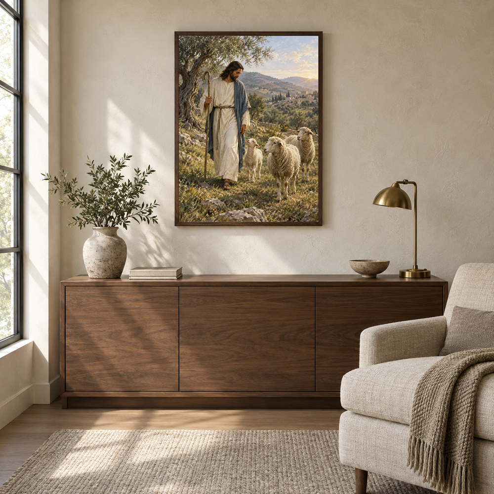 The Good Shepherd oil painting displayed in a quiet reading and prayer corner