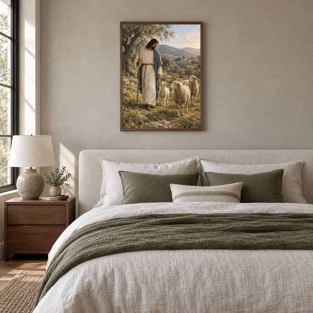 The Good Shepherd oil painting displayed in a neutral bedroom