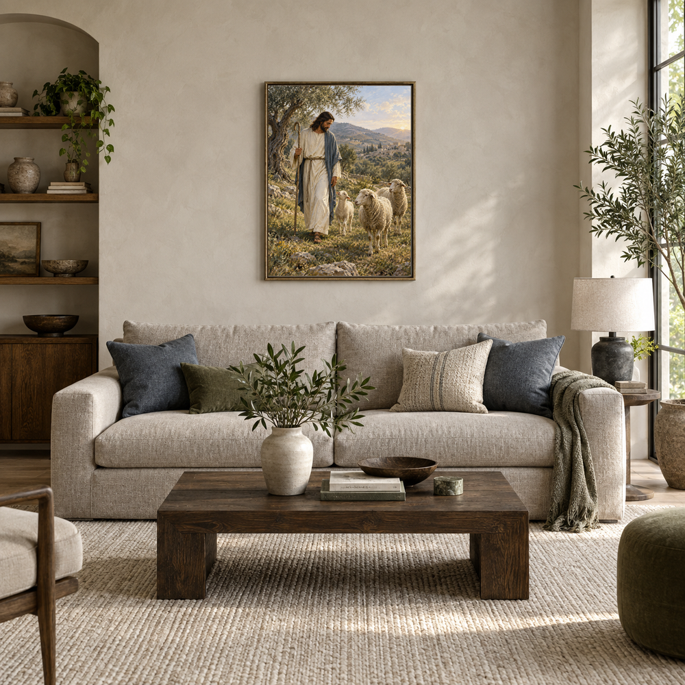 The Good Shepherd oil painting displayed in a modern living room
