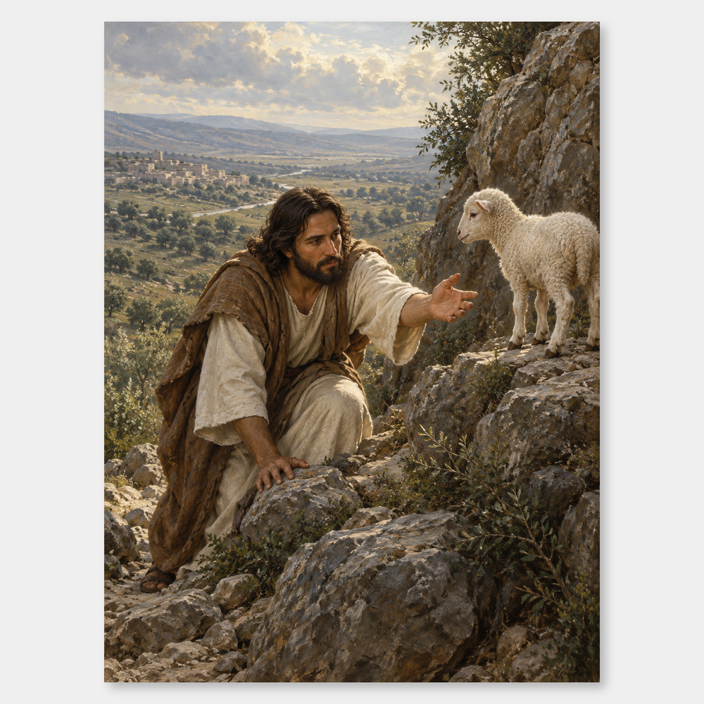 Leaves the Ninety-Nine – Lost Sheep Christian Art on a neutral gray background