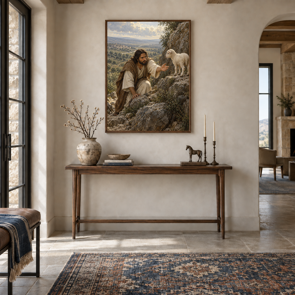 Leaves the Ninety-Nine oil painting displayed in a entryway