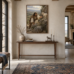 Leaves the Ninety-Nine oil painting displayed in a entryway