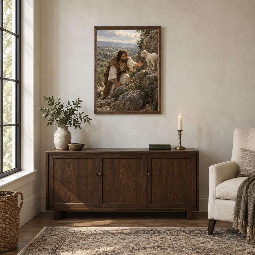 Leaves the Ninety-Nine oil painting displayed in a walnut prayer and reading alcove