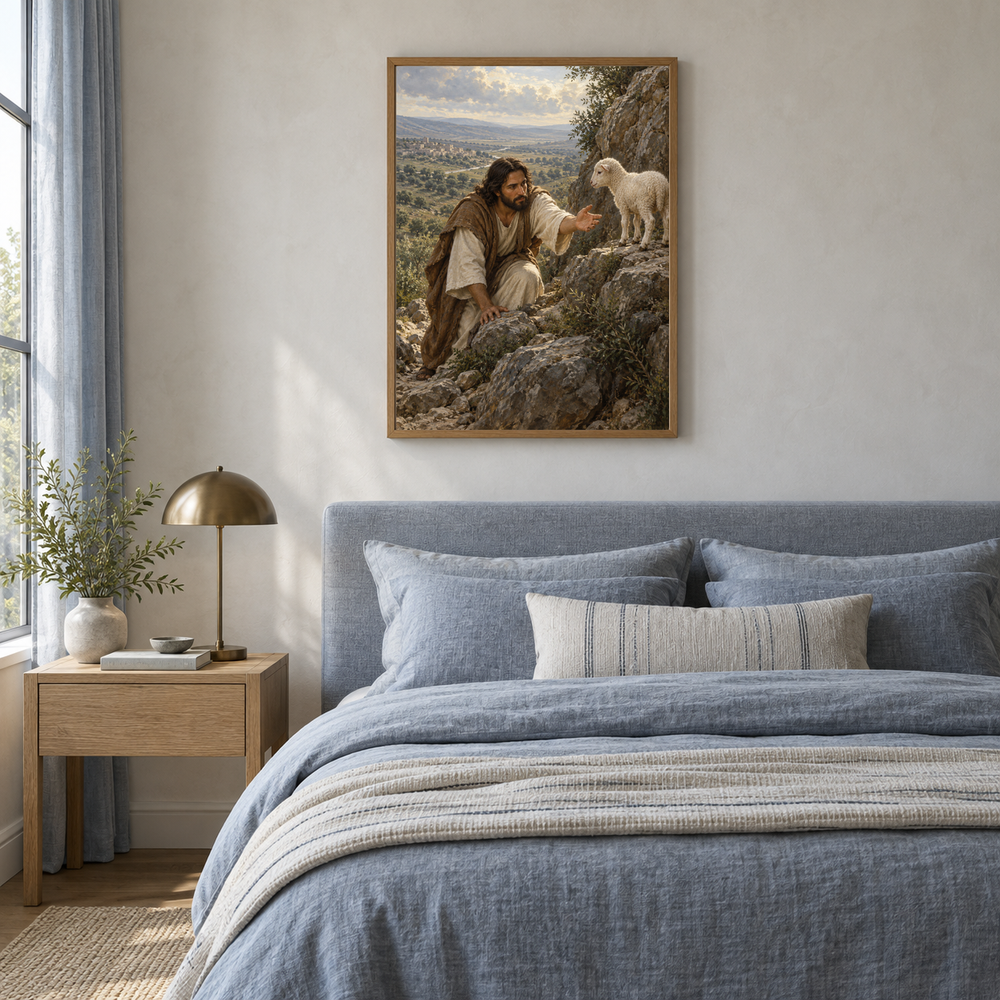 Leaves the Ninety-Nine oil painting displayed in a blue linen bedroom