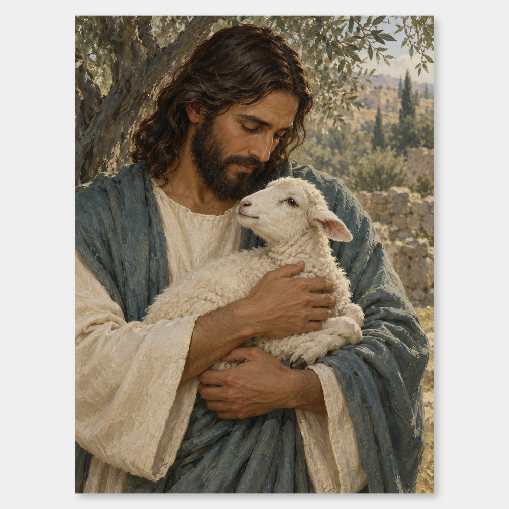 Jesus and the Lost Lamb – Tender Shepherd Painting on a neutral gray background