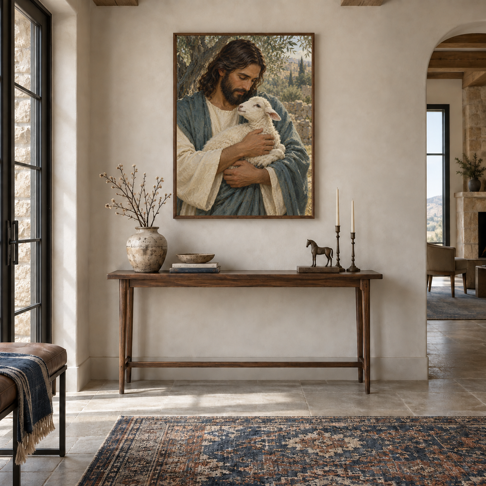 Jesus and the Lost Lamb oil painting displayed in a entryway