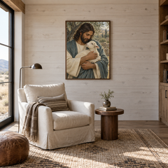 Jesus and the Lost Lamb oil painting displayed in a reading room