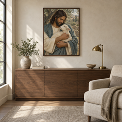 Jesus and the Lost Lamb oil painting displayed in a quiet reading and prayer corner