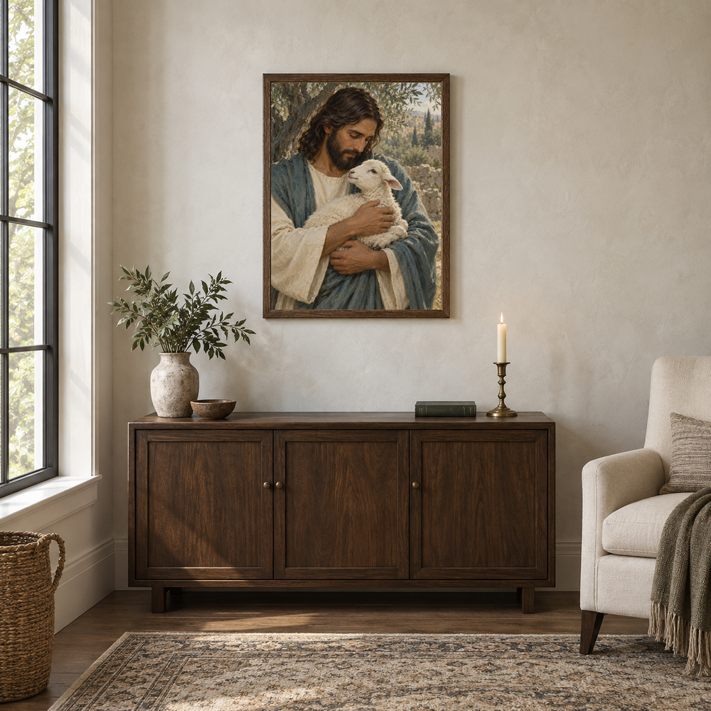 Jesus and the Lost Lamb oil painting displayed in a walnut prayer and reading alcove