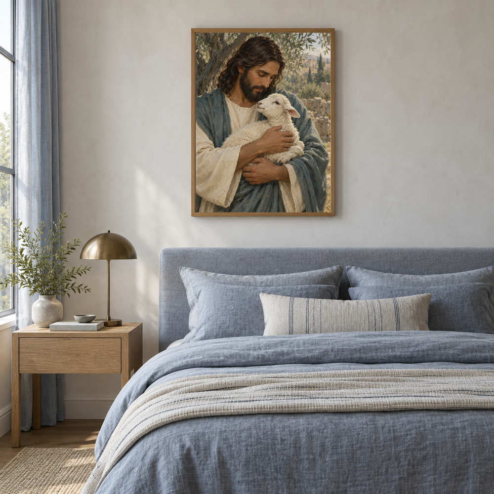 Jesus and the Lost Lamb oil painting displayed in a blue linen bedroom