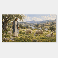 Shepherd in Quiet Pasture – Christian Landscape on a neutral gray background