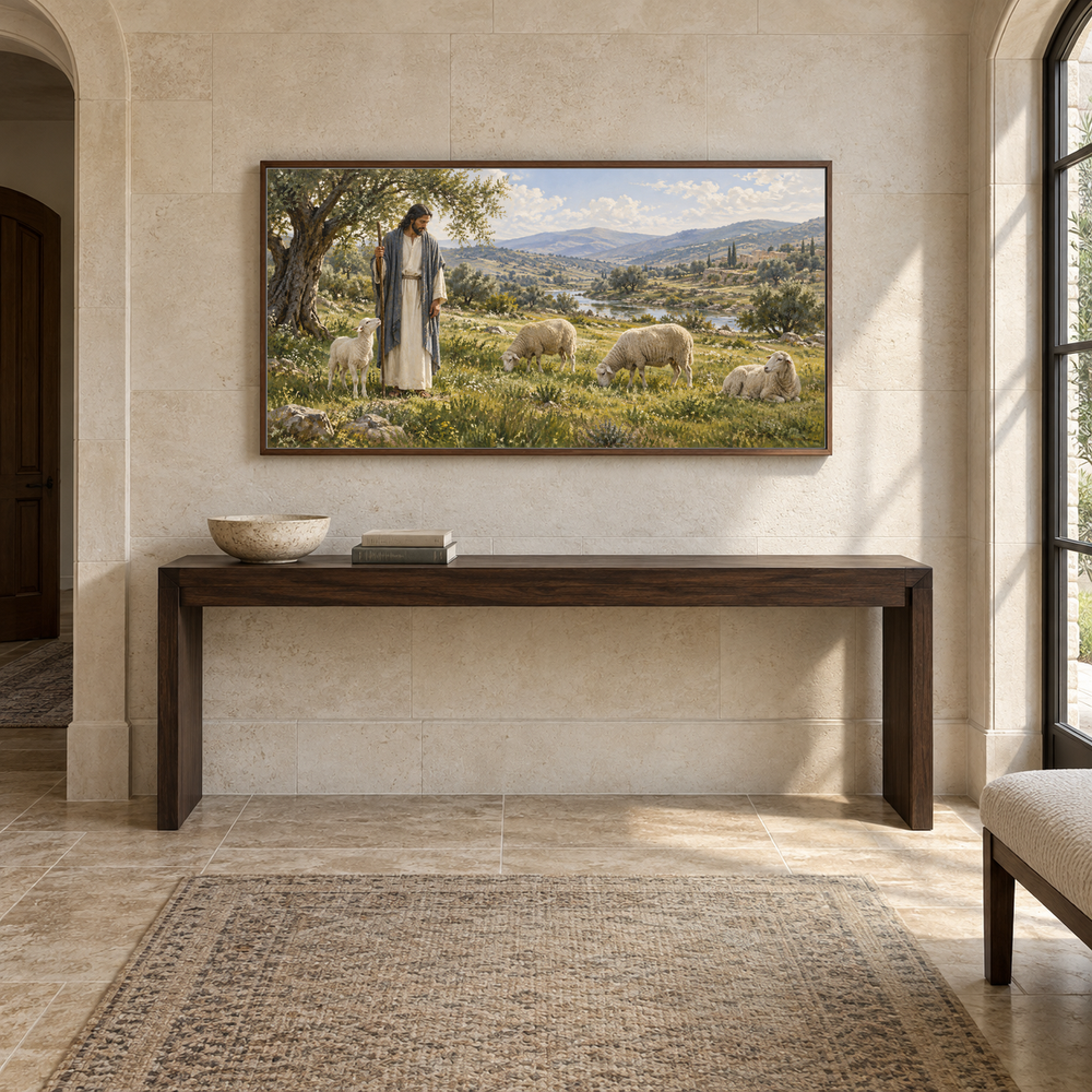 Shepherd in Quiet Pasture oil painting displayed in a limestone entry gallery