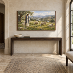 Shepherd in Quiet Pasture oil painting displayed in a limestone entry gallery