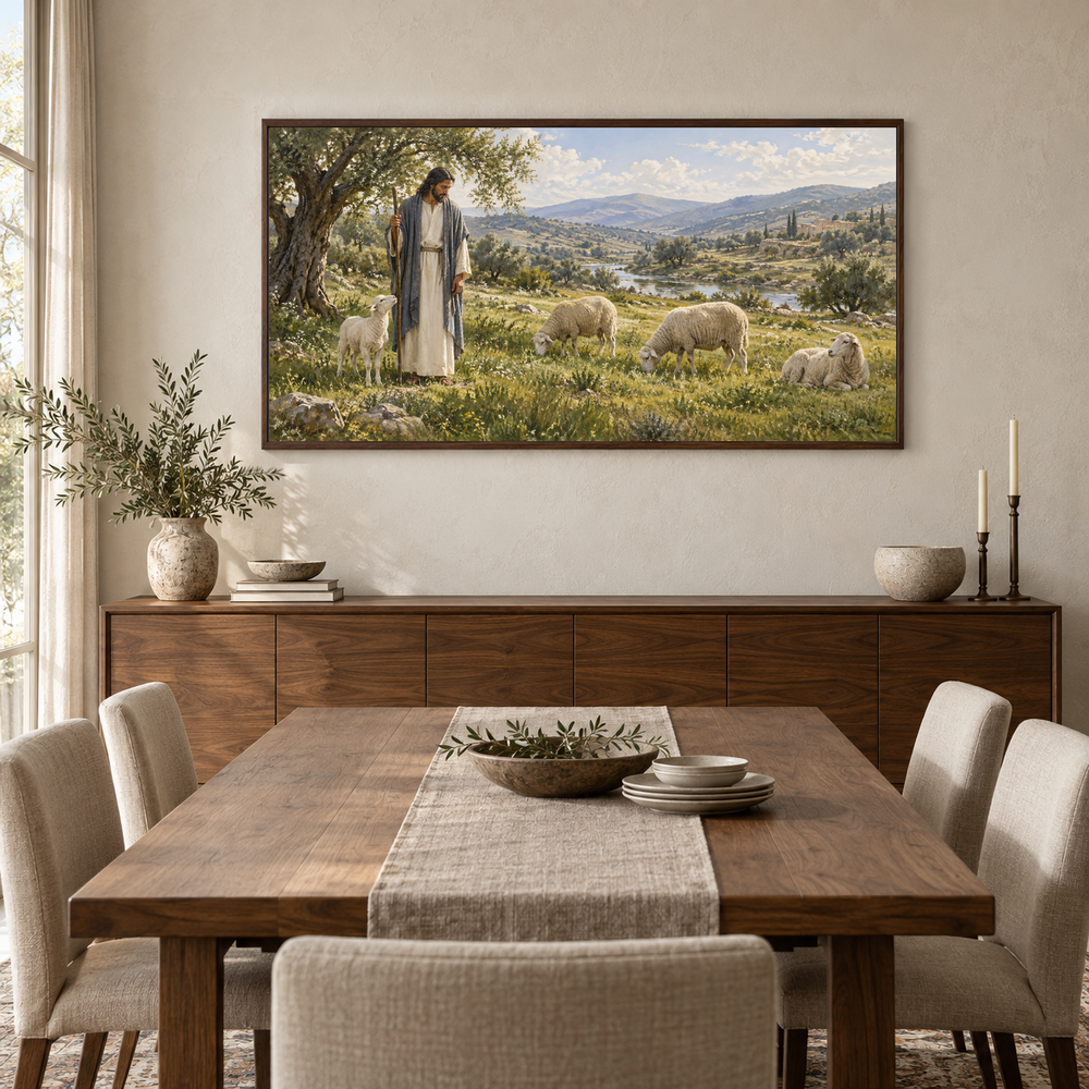 Shepherd in Quiet Pasture oil painting displayed in a walnut dining room