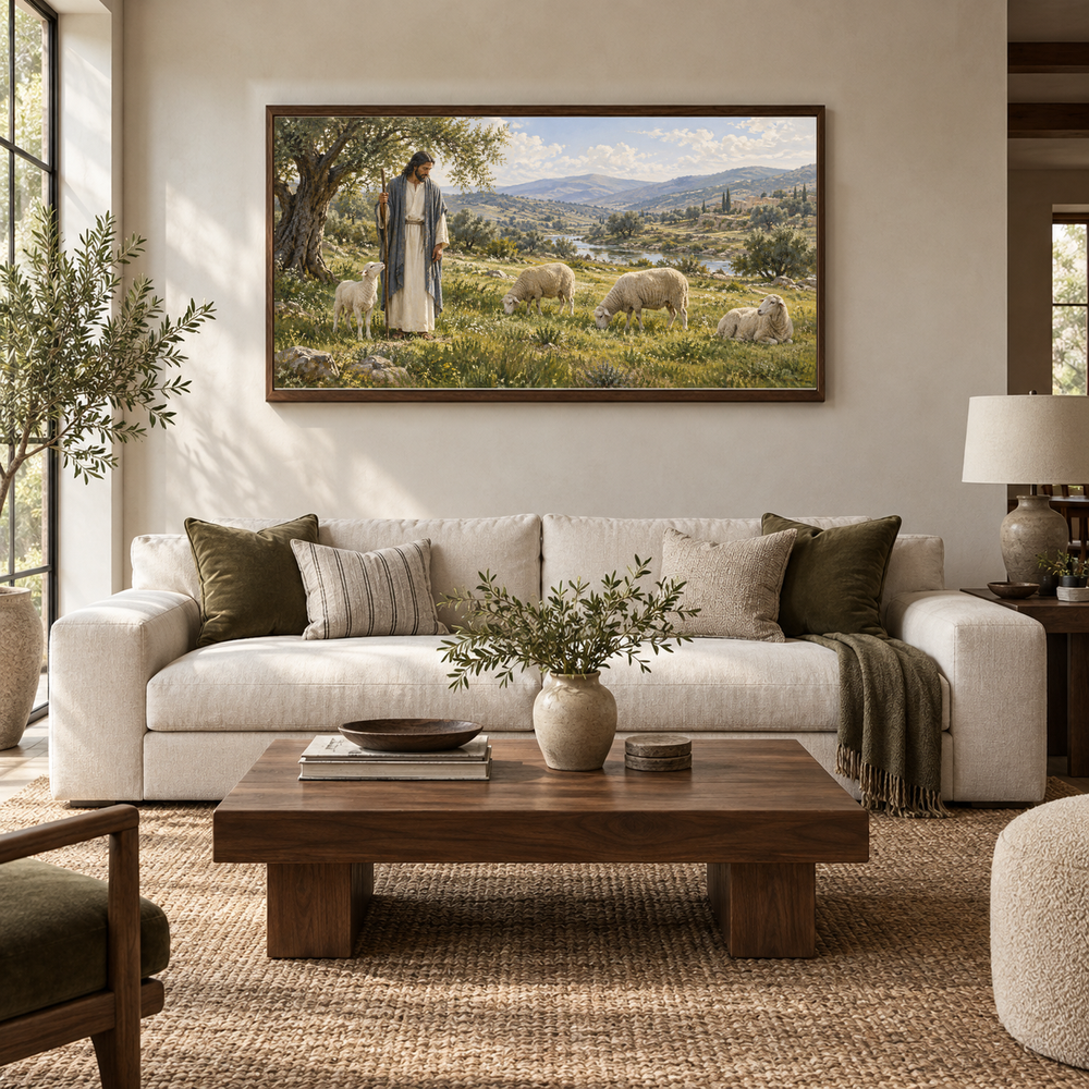 Shepherd in Quiet Pasture oil painting displayed in a ivory and walnut living room