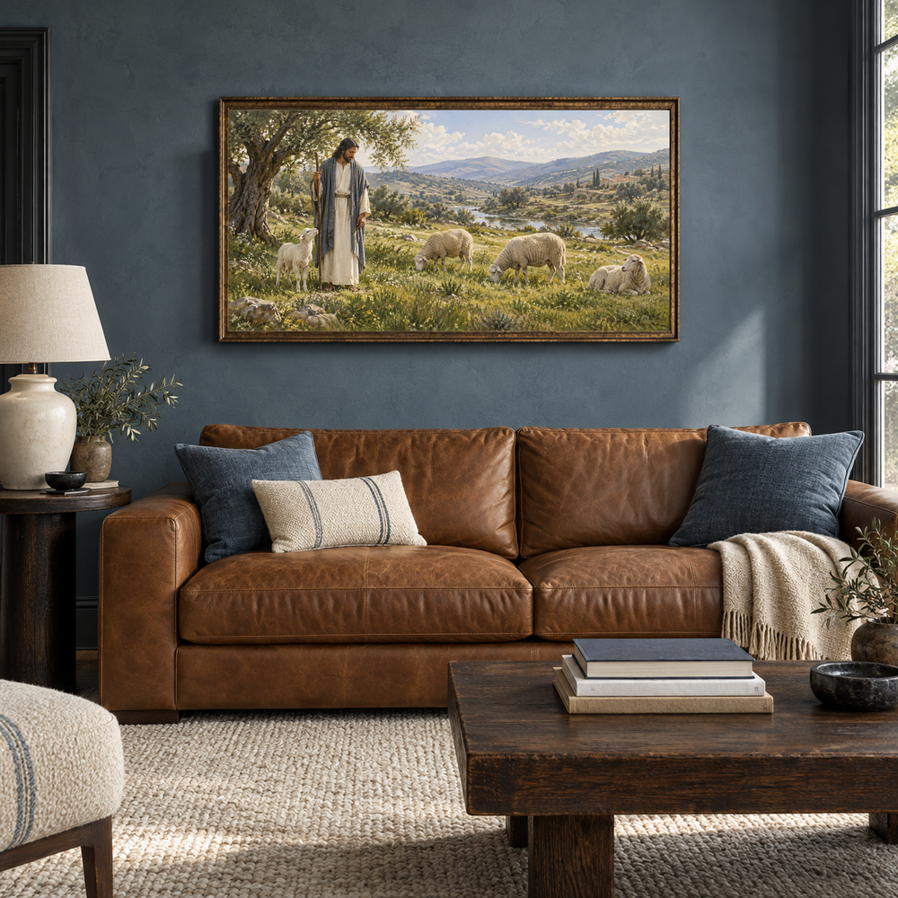 Shepherd in Quiet Pasture oil painting displayed in a blue-gray den with a caramel sofa
