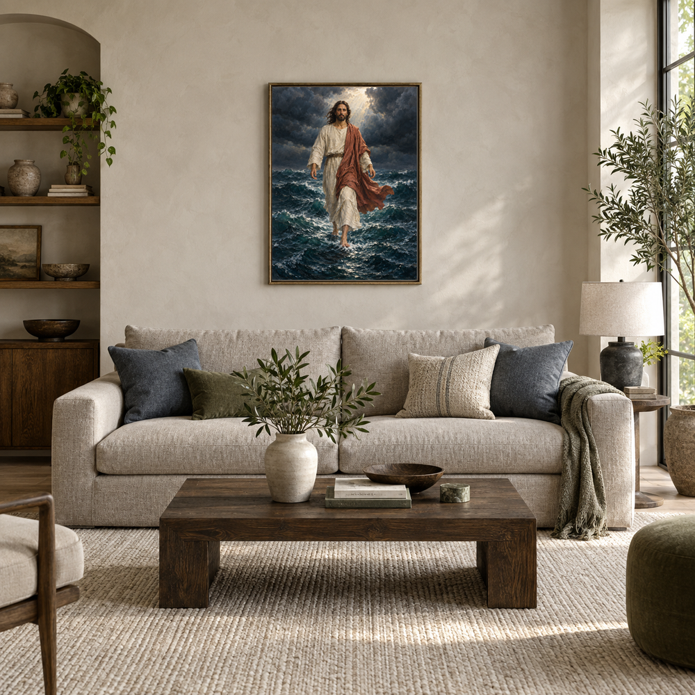 Walking on Water oil painting displayed in a modern living room