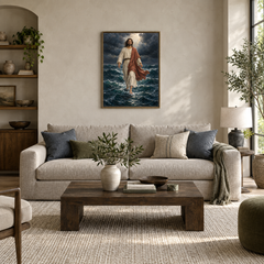 Walking on Water oil painting displayed in a modern living room