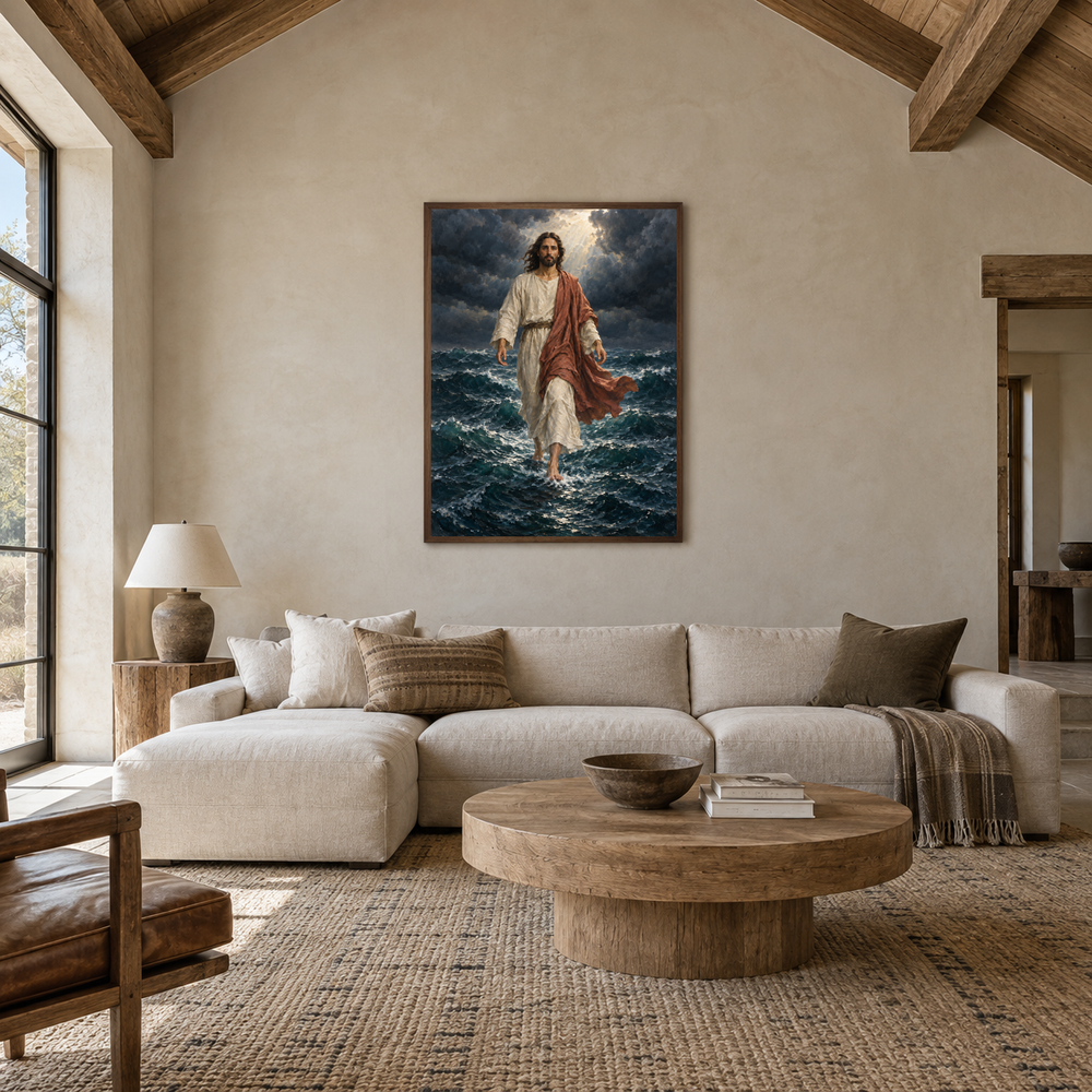 Walking on Water oil painting displayed in a living room