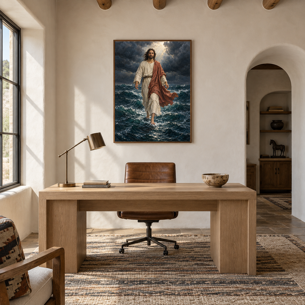 Walking on Water oil painting displayed in a study
