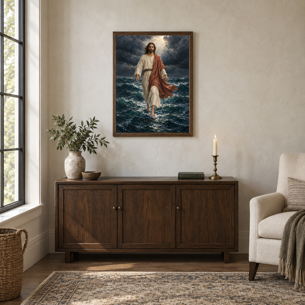 Walking on Water oil painting displayed in a walnut prayer and reading alcove