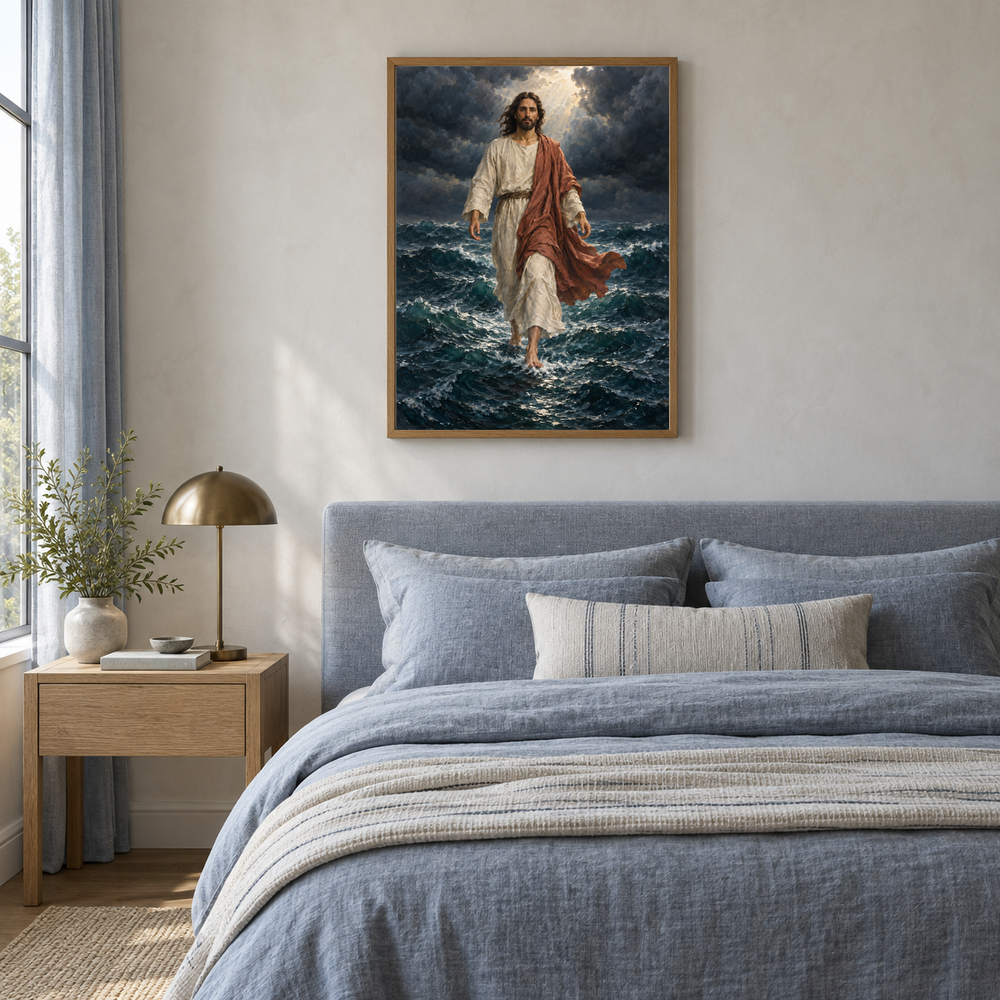Walking on Water oil painting displayed in a blue linen bedroom