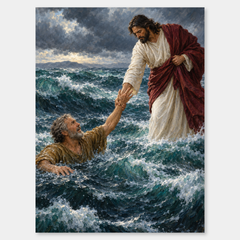 Reach for Me – Jesus Saving Peter Painting on a neutral gray background