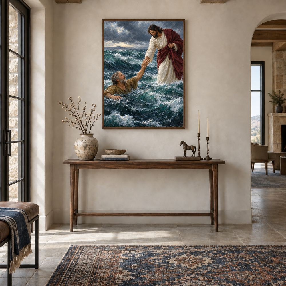 Reach for Me oil painting displayed in a entryway