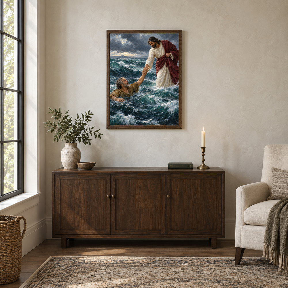 Reach for Me oil painting displayed in a walnut prayer and reading alcove