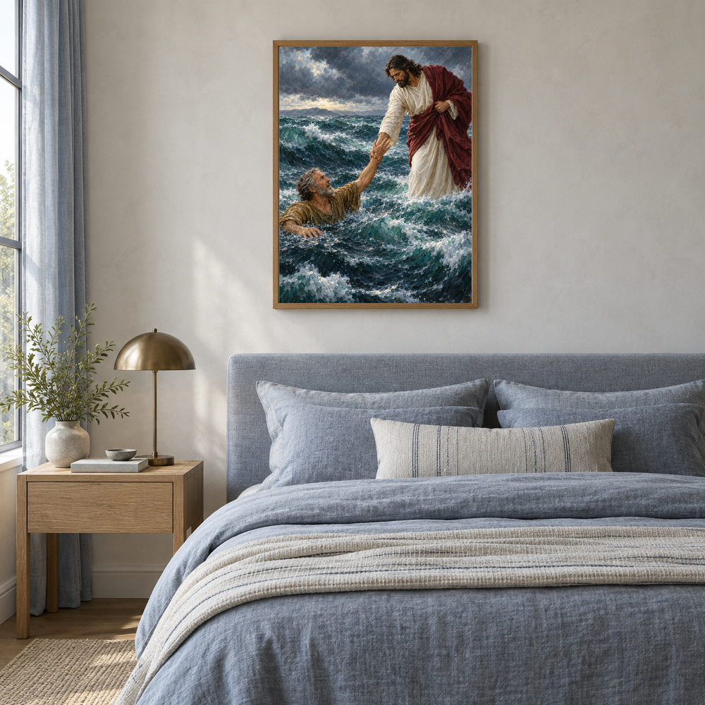 Reach for Me oil painting displayed in a blue linen bedroom