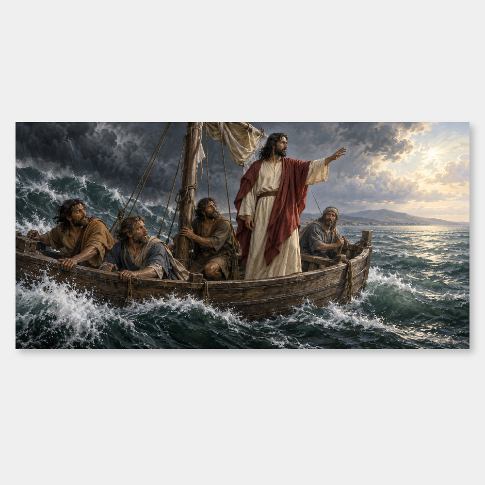 Peace, Be Still – Jesus Calming the Storm Painting on a neutral gray background