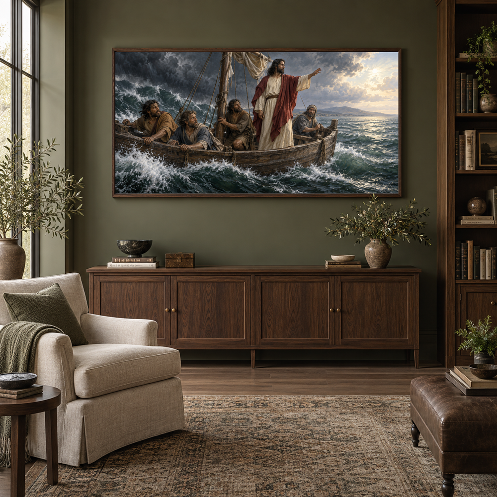 Peace, Be Still oil painting displayed in a olive home library