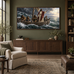 Peace, Be Still oil painting displayed in a olive home library