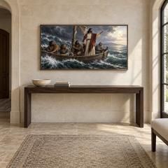 Peace, Be Still oil painting displayed in a limestone entry gallery