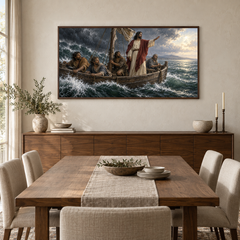 Peace, Be Still oil painting displayed in a walnut dining room