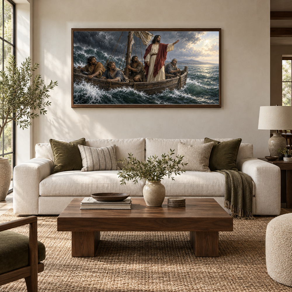Peace, Be Still oil painting displayed in a ivory and walnut living room