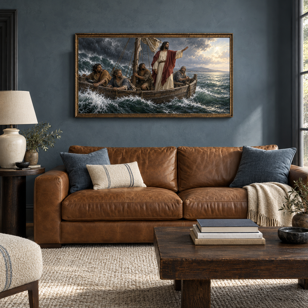 Peace, Be Still oil painting displayed in a blue-gray den with a caramel sofa