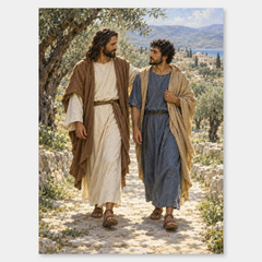 Jesus Walks With Me – Christian Companionship Painting on a neutral gray background