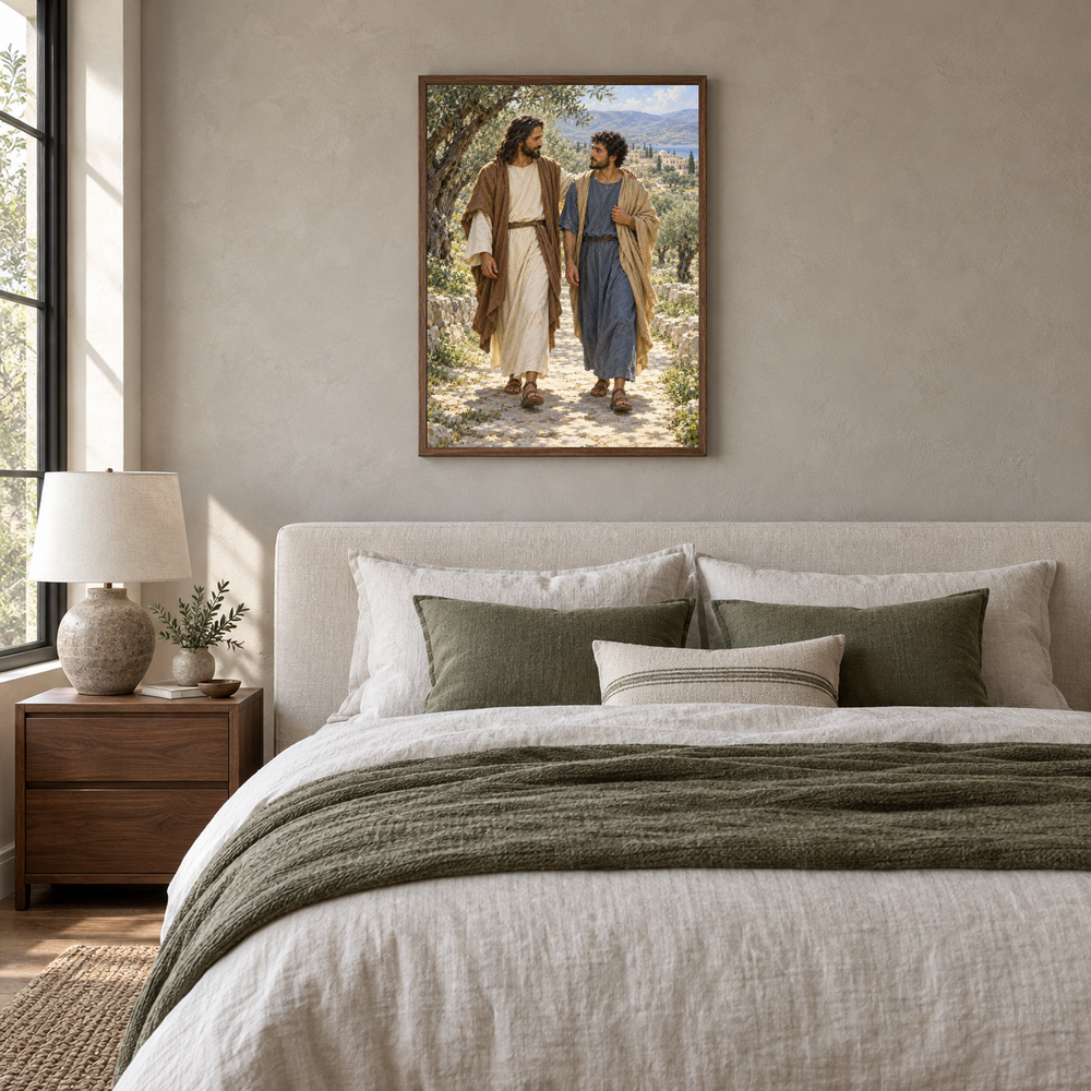 Jesus Walks With Me oil painting displayed in a neutral bedroom