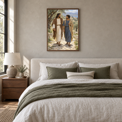 Jesus Walks With Me oil painting displayed in a neutral bedroom
