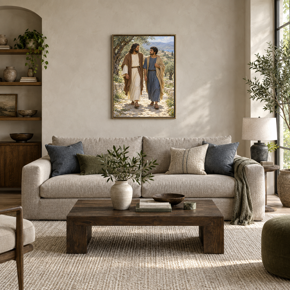 Jesus Walks With Me oil painting displayed in a modern living room