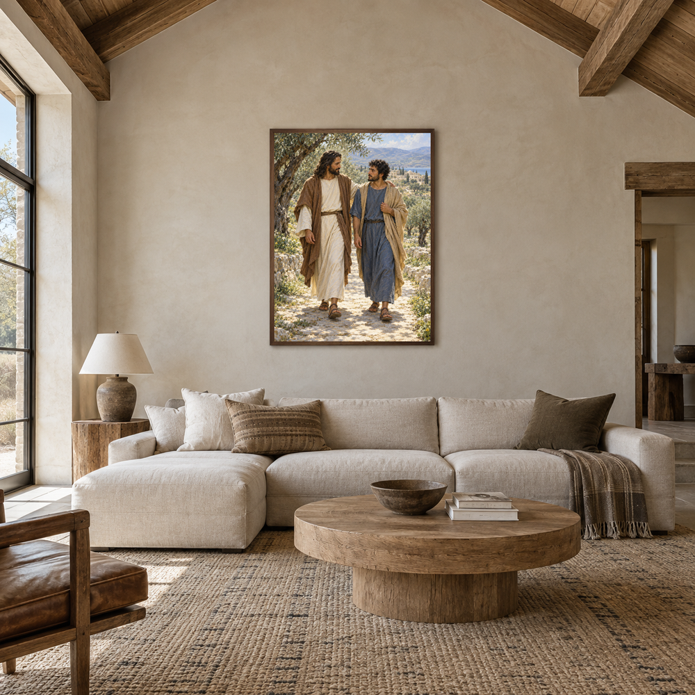 Jesus Walks With Me oil painting displayed in a living room