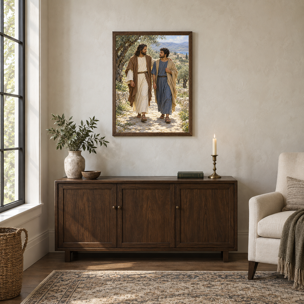 Jesus Walks With Me oil painting displayed in a walnut prayer and reading alcove