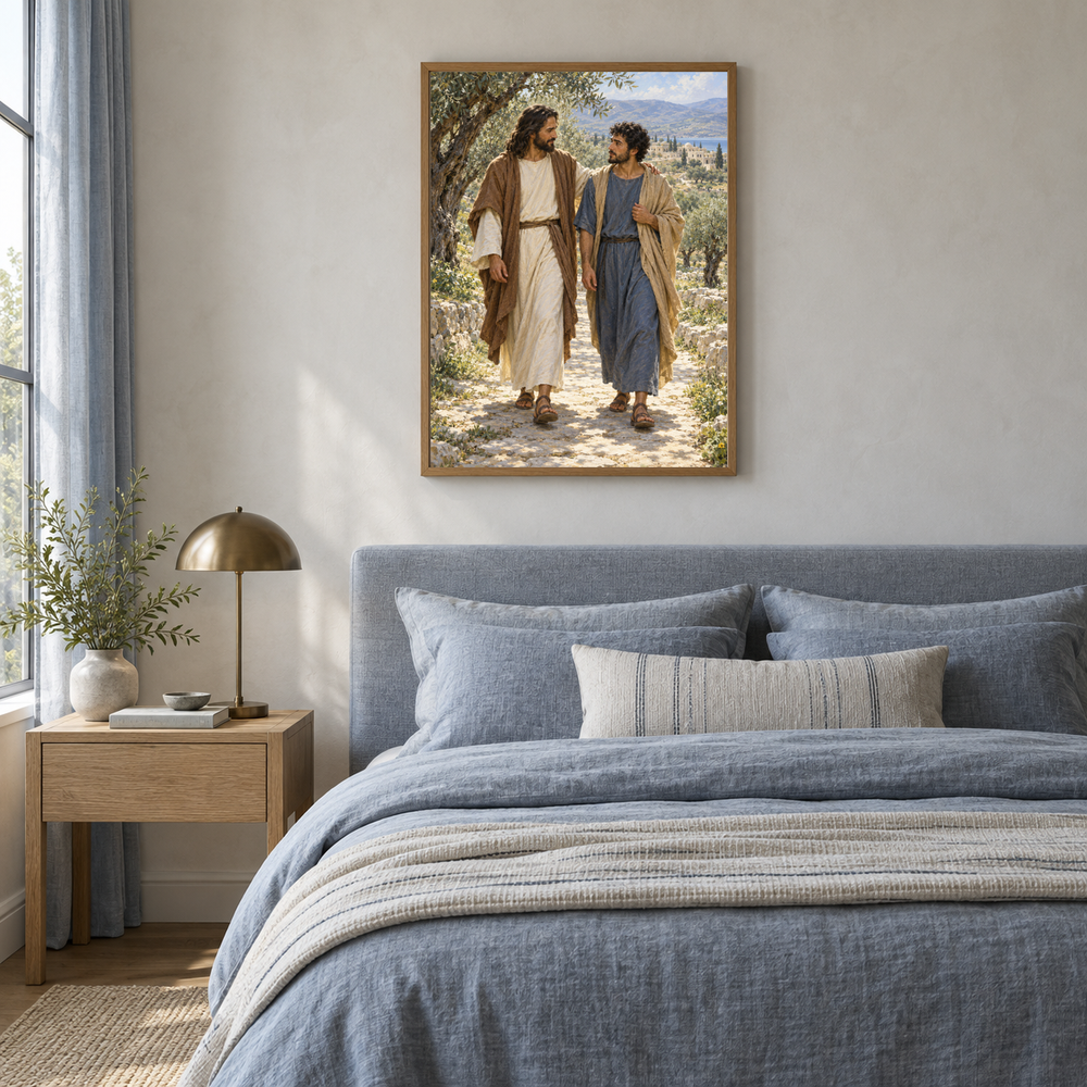 Jesus Walks With Me oil painting displayed in a blue linen bedroom