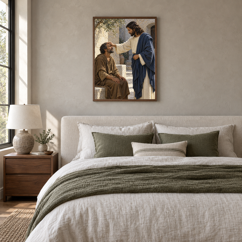 The Healing Touch oil painting displayed in a neutral bedroom