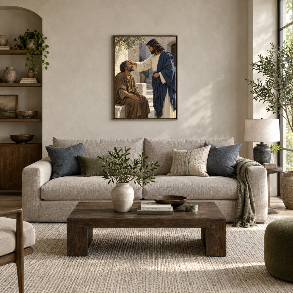 The Healing Touch oil painting displayed in a modern living room