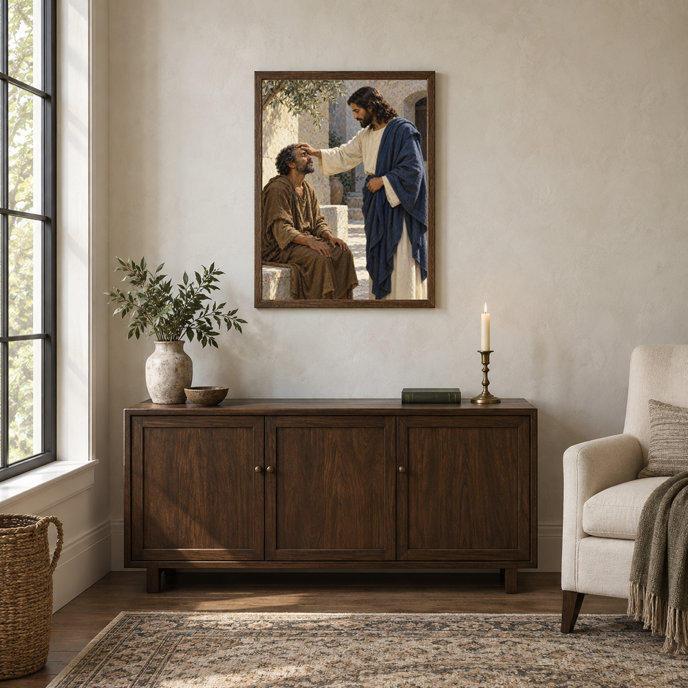 The Healing Touch oil painting displayed in a walnut prayer and reading alcove