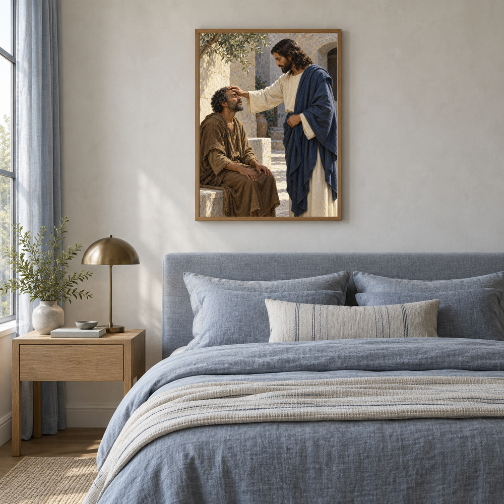 The Healing Touch oil painting displayed in a blue linen bedroom