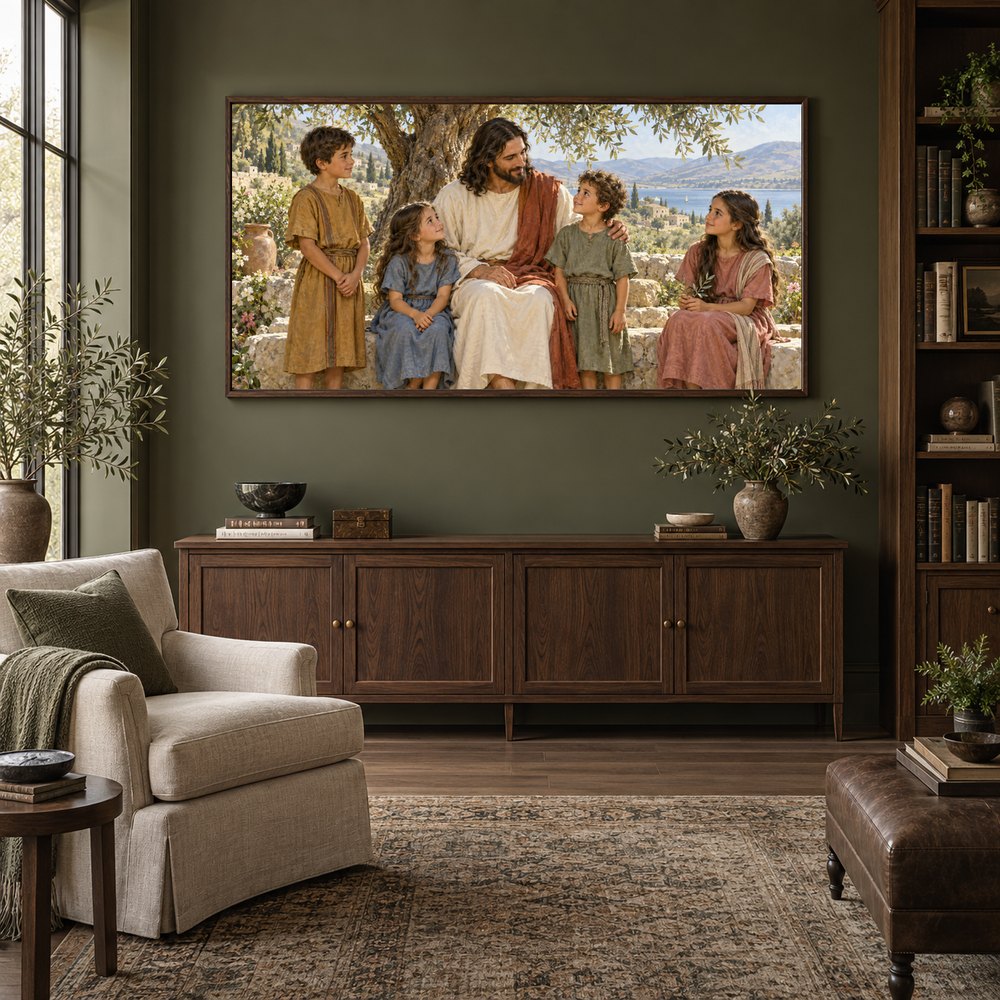 Jesus and the Children oil painting displayed in a olive home library